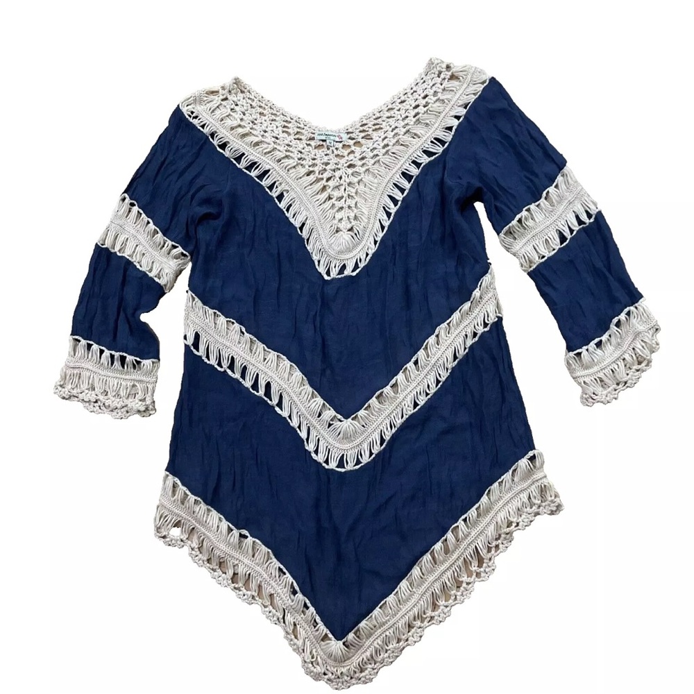 VIVID IMPORTERS NY Knit Tunic Top Women 1X Blue Cream Peasant Boho Crochet West